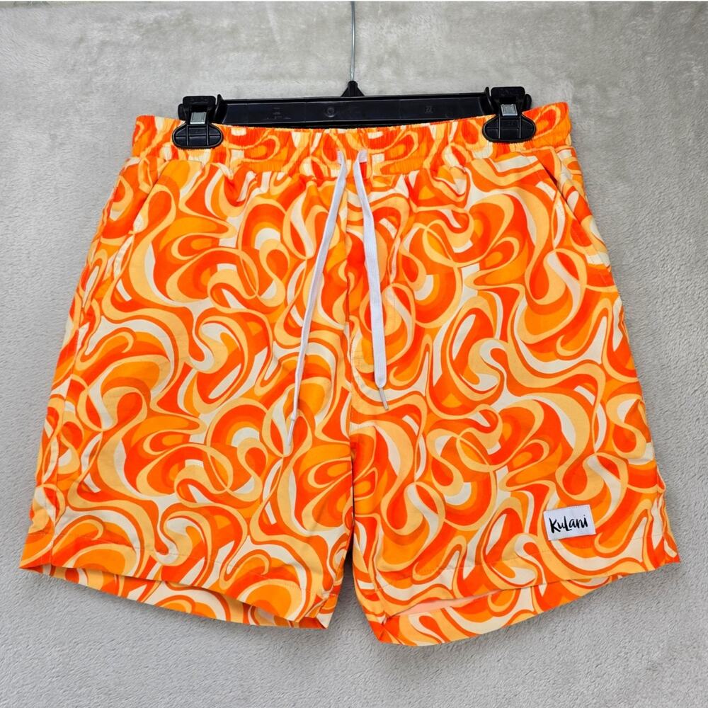 Kulani Kinis Swim Trunks Mens Small Orange Swirl Performance Lined Shorts 5”